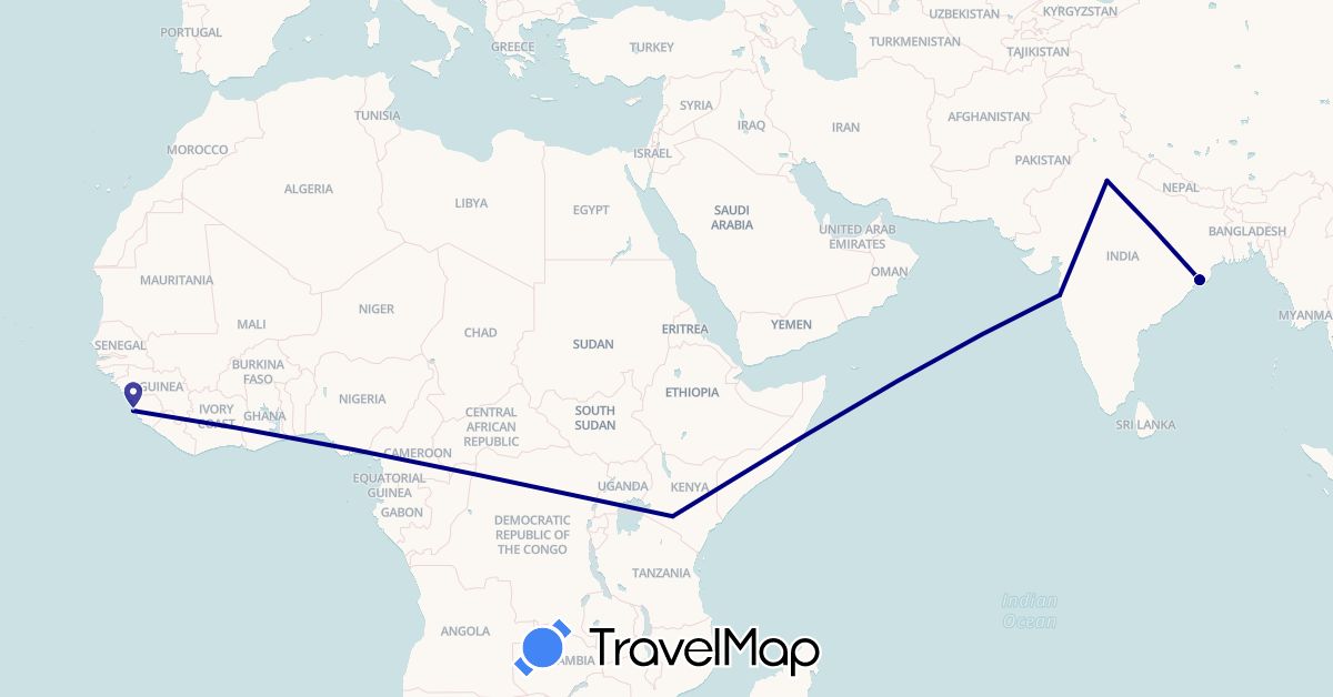 TravelMap itinerary: driving in India, Kenya, Sierra Leone (Africa, Asia)